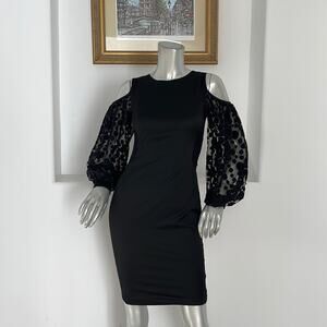 Katharine Kidd Balloon Lace Sleeve Cut Out Shoulder Black Dress Size 2